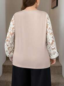 SHEIN LUNE Áo kiểu nữ cỡ lớn thanh lịch, thêu lưới phối nhiều lớp, thích hợp mặc đi làm, dự tiệc năm mới, đêm giao thừa, áo dài tay ren sang trọng cho mùa hè, ngày lễ tình nhân. - Màu be - Xem 4