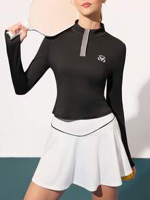 CourtClass Long Sleeve Casual Versatile Button Front Graphic Print Golf Polo Shirt Black Tennis Top Long Sleeve Tennis Shirt - Multicolor - View 5