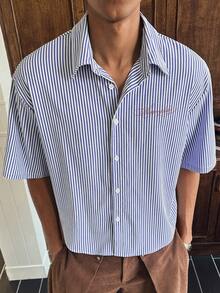 SWAVVY 男士休闲宽松短袖衬衫 - 藍色 - 查看 2