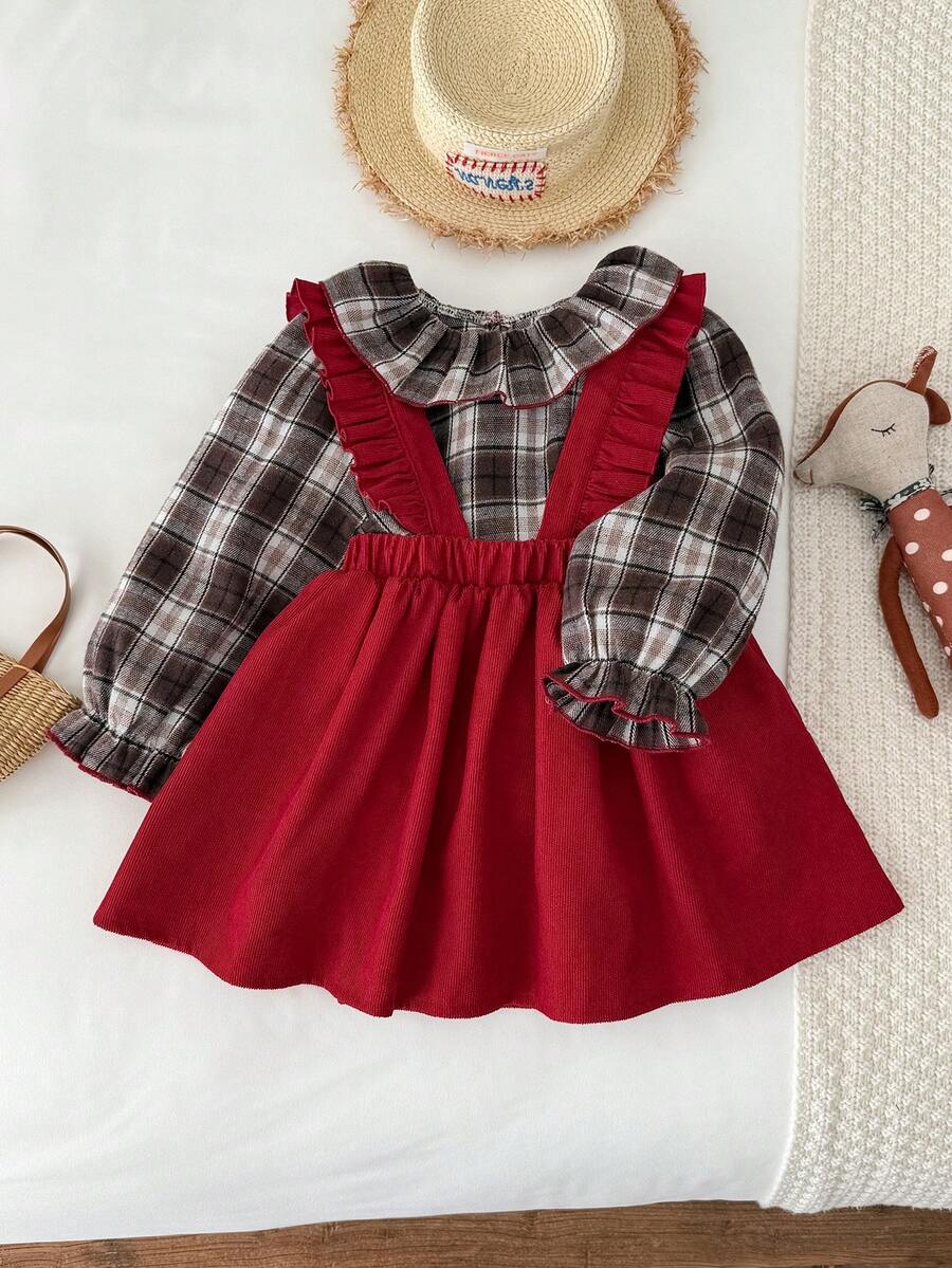 Blossori Young Girls' French Elegant Plaid Shirt/Suspender Dress Set - Multicolor - View 1