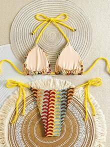 Swim Mod Women's Summer Beach Patchwork Color Halter Tie Fashionable Bikini Swimwear Set Women's Beach Bikinis Summer 2026 Summer Outfits For Women Beach Dress Beach Outfits For Women Elegant Casual Summer Holiday Outfits Vacation Outfits For Women Graphic Polka Dot Flower Pale Yellow Color-Blocked Baseball Pattern 3D Swimwear - Multicolor - View 2