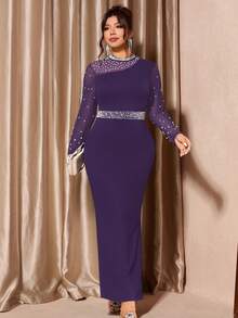 Cravure Đầm lưới tay dài đính ngọc trai thanh lịch cỡ lớn cho nữ, cao cấp cho tiệc tùng, mùa thu/đông - Màu tím - Xem 6