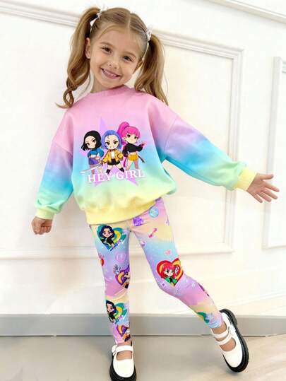 Sparklyn 2pcs/Set Young Girls' Gradient Cartoon Girl Band Print Soft Knit Crew Neck Long Sleeve Sweatshirt Top And Cool Style Leggings Set, Suitable For Comfortable Autumn/Winter Style, Easy And Comfortable, Layering Option, Fashionable Casual Wear, Graphic Design, Back To School Season, Back To School Party, Suitable For Outdoor Picnic, Street Photography, Campus, Holidays, Gifts, Autumn/Winter, Christmas, Valentine's Day, New Year