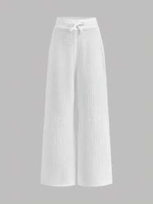 SHEIN Serisse Kids Tween Girls Daily Wear Outfits Casual Basic 100%Cotton Elastic Waistband White Pants, Wide Leg Pants, Back To School Winter Cozy Fall & Winter Styles Girl Wide Leg Pant White Long Pants Suitable For New Year, Daily, Celebration, Autumn & Winter Outfits For Easy Comfort, Autumn & Winter Layers For Girls, Stylish Girls - White - View 8