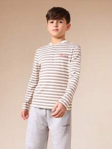 SUMWON Boys Striped Long Sleeve Henley Top With Button Placket And Logo Casual Everyday Wear School Tween Vacation - Apricot - View 4