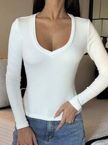 Ronhire Women's Fall/Winter Going Out Daily Wear Essentials Casual Streetwear White Stretchy Comfortable Microfleece V-Neck Long Sleeve T-Shirt Fleece Lined Cute Tops Women Long Sleeve Top - White - View 6