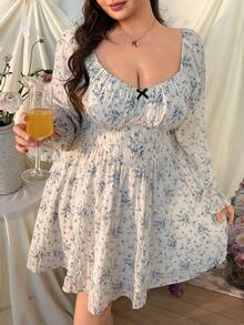CovetEZ 大码女式碎花蝴蝶结装饰喇叭袖时尚连衣裙 - 淺藍色 - 查看 5