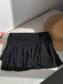 SHEIN EZwear 女式时尚不对称下摆百褶腰蛋糕裙