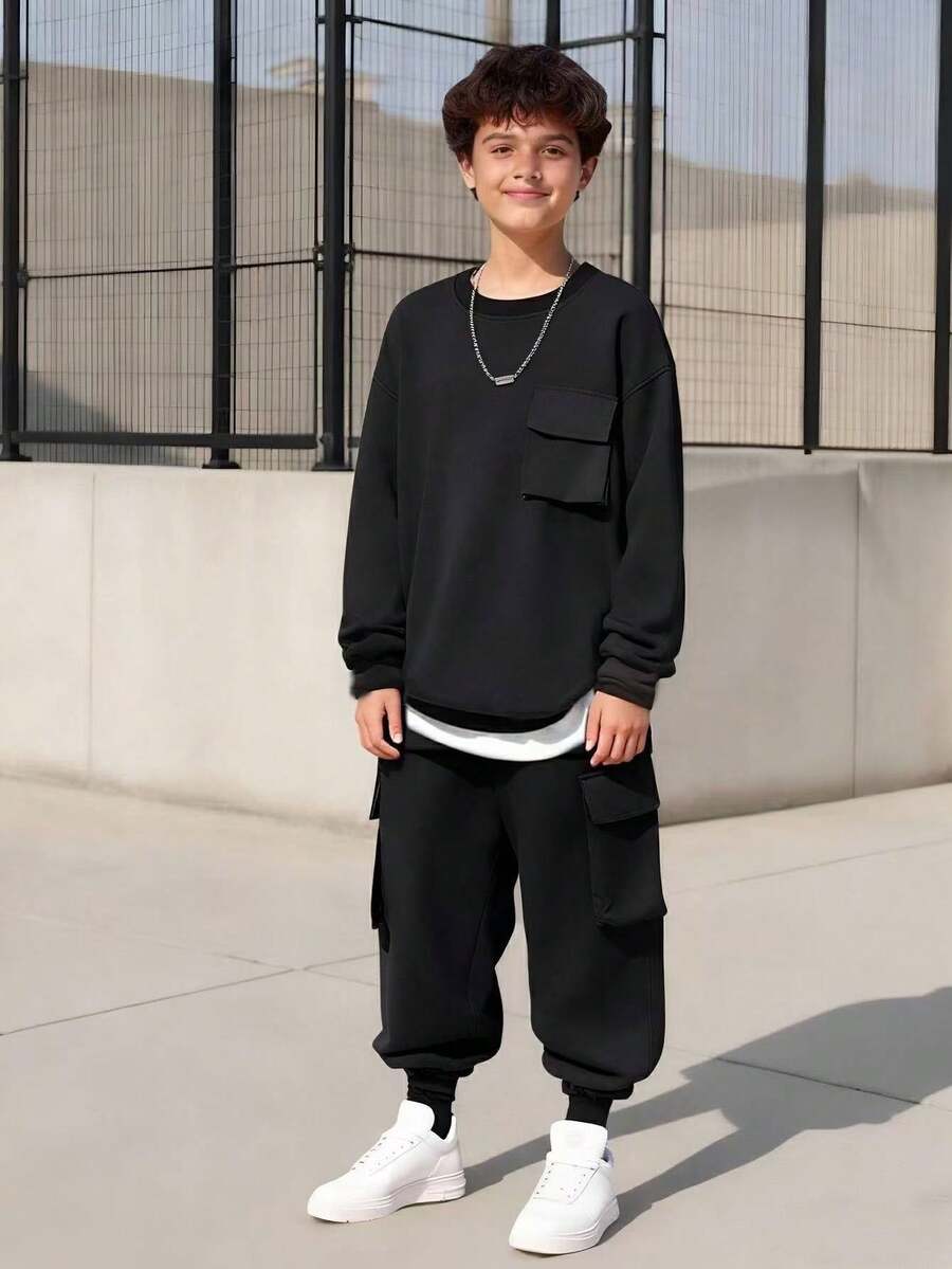 Vacaura 2pcs/Set Teenager's Stylish Crew Neck T-Shirt Top And Drawstring Waist Cargo Pants, Casual Sports Outfit