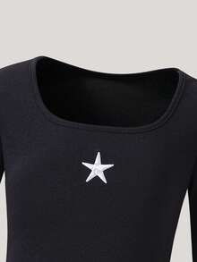 SUMWON 少女星形印花长袖上衣阔腿裤套装休闲家居服度假装 - 黑色 - 查看 5