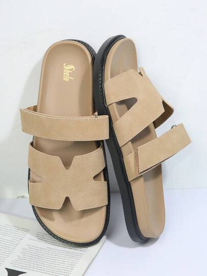 SHUZIA Women Shoes Comfy Open Toe Flat Thick Soled Everyday Basic Slip-On Faux Suede Taupe Slippers Sliders For Christmas