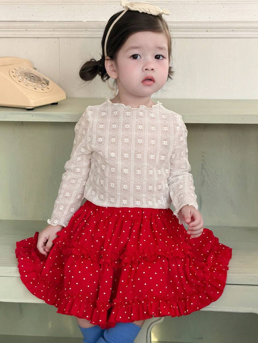 DAZY 女童蕾丝边休闲长袖上衣，春秋季 - 白色 - 查看 1