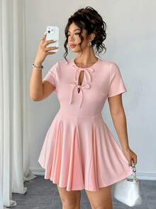 Elenzga Plus Size Dusty Pink Summer Elegant Wedding Guest Mini Dress,Sweet & Spicy Tie-Front Hollow-Out Waist Cinching Pink Bow Dress,Patchwork Skirt Hem - Pink - View 7