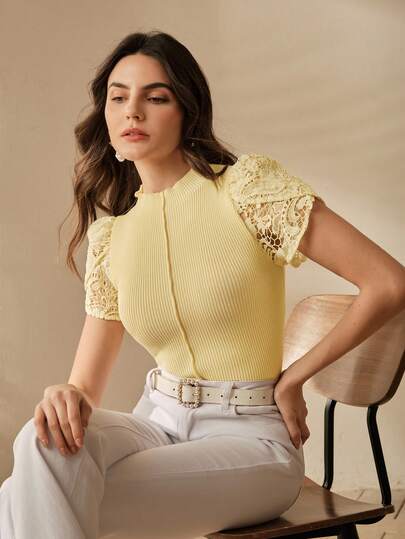 Anewsta Women's Spring/Summer Light Yellow Knit Top, Elegant Soft Elegant Embroidery Lace Patchwork Slim Fit Stand Collar Short Sleeve Blouse