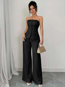 Selianne 女士纯色单排扣吊带背心和直筒裤套装，优雅 - 黑色 - 查看 1