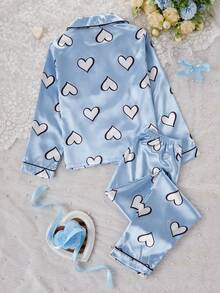 2pcs Heart Print Lapel Long Sleeve & Long Pants Girls Faux Silk Pajama Set Blue Pajama Sets Kids Pajama Sets Cute Pj Set - Blue and White - View 2