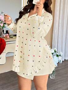 Vionelle Plus Size Women Valentine's Day Heart Print Ruffle Hem Long Sleeve Blouse, Spring/Autumn - Apricot - View 1