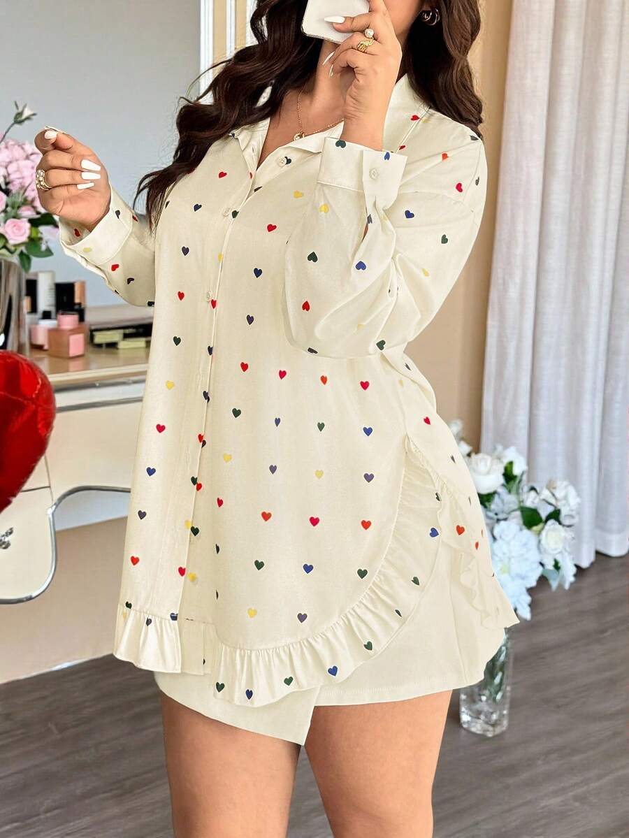 Vionelle Plus Size Women Valentine's Day Heart Print Ruffle Hem Long Sleeve Blouse, Spring/Autumn - Apricot - View 1