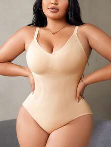 SHEIN 1 bộ đồ định hình liền mạch cỡ lớn dành cho nữ, định hình eo và bụng, thiết kế khóa bấm ở đáy quần dễ mặc, có thể mặc làm áo khoác ngoài - Màu be - Xem 4