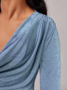 Radiana Váy đuôi cá dài tay cổ xếp ly thanh lịch màu đỏ tía dành cho nữ, thích hợp cho các buổi hẹn hò, tụ họp, sinh nhật, tiệc tùng, tốt nghiệp, tiệc chiêu đãi, tiệc cocktail, những dịp trang trọng, mùa thu/đông - Màu xanh lam - Xem 5