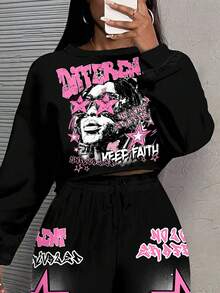 Slaydiva 大码休闲人体印花卫衣和运动裤两件套，秋冬款 - 彩色 - 查看 3