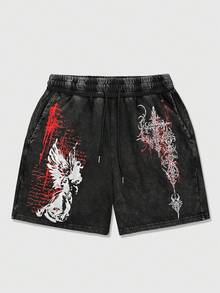 ROMWE MEN Street Life Men's Casual Printed Shorts - Black - View 1