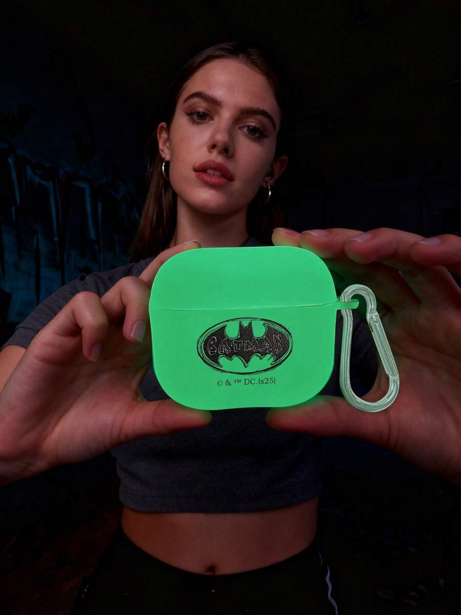 BATMAN X SHEIN Batmunn Earbud Case,Cartoon Glow-In-The-Dark Printed Matte White Earphone Case, Comes With 1 Hanging Hook, Compatible With AirPods - White - View 1