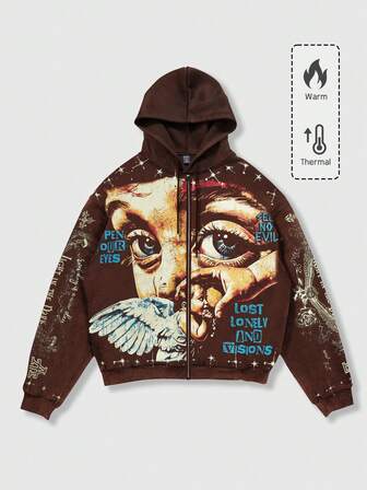 Street Life Sudadera con capucha con cremallera y estampado de letras y números para hombre