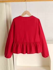 Firerie Kids 少女春夏新款红色编织灯笼袖可爱蝴蝶结衬衫，适合情人节、母女装、姐妹装，红色上衣 - 紅色 - 查看 2