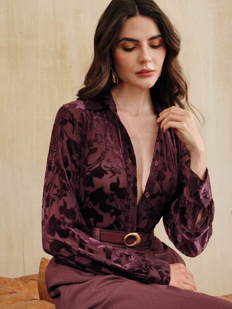 Blouse décontractée ample en velours bordeaux doux et confortable, style romantique français
