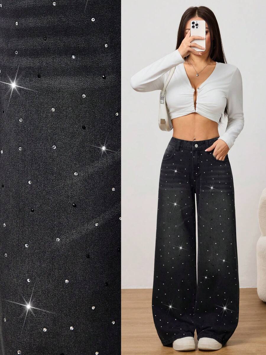 SHEIN PETITE Winter Summer Women's Casual Vacation Party Distressed Rhinestone Embellished Wide Leg Comfortable Black Washed Straight-Leg Jeans - Black - View 1