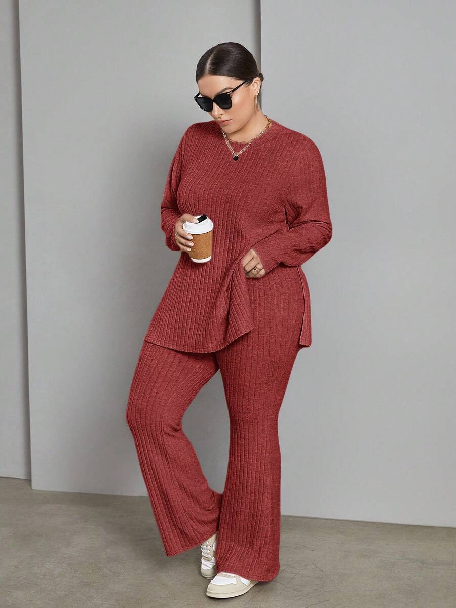 SHEIN Essnce Conjunto de dos piezas de mujer talla grande de otoño e invierno, cómodo y suelto, con sudadera de manga larga y pantalones de tela cepillada cálida en color albaricoque, ropa de mujer de otoño, conjunto de pantalones, conjuntos de atuendos, atuendos de aeropuerto, conjunto de invierno, conjunto de felpa - Rojo violeta - Ver 1