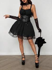 Coolane Women's Fall/Winter All-Season Y2K Goth Chic Rave Outfit Lace Stretchy Comfortable Halloween Outfits Bow Contrast Lace Black Mini Dress - Black - View 3