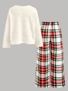 Tween Girl Red And White Plaid Pajama Set,Autumn Casual Lounge Long Sleeve Round Neck Fleece Top&Plaid Pants,Teen Fluffy Soft 2 Piece Sleep Wear Set - Red - View 2
