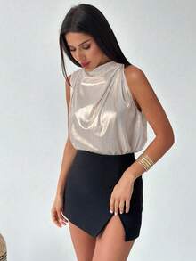 Firerie 女士优雅露背不对称荷叶边吊带衫，适合派对、通勤、办公、日常穿着、度假、音乐节等场合，春夏新品上市 - 金色 - 查看 8