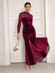 SHEIN Unity Lace & Velvet Patchwork Long Sleeve Waist Cinched Fishtail Hem Elegant Romantic Sophisticated Party Dress For Women - Burgundy - View 1