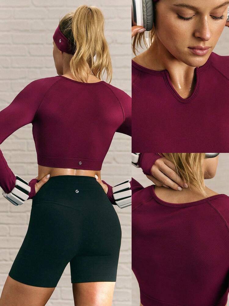 Second-Skin Seamless High Energy Sweat-Wicking Built-In Cups Breathable Mesh Henley Neckline Thumbholes Cropped Long Sleeve Top Medium Impact Training Running Workout  Outdoors Daily Active Wear Spring Summer