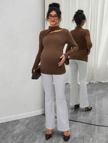 Momance Maternity Solid Color Long Sleeve T-Shirt With Asymmetrical Twist Hollow Design - Brown - View 5