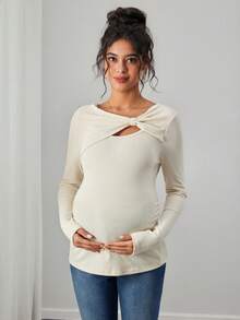 SHEIN Áo cho con bú cổ lệch màu trơn thanh lịch dành cho phụ nữ mang thai - Màu be - Xem 3
