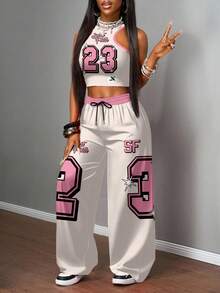 Slaydiva 浅黄色套装/女士外出套装/女士休闲街头风吊带背心和宽松长裤两件套/Y2K服装/街头服饰/女士两件套/返校季/休闲街头风/嘻哈套装/NO.23&SAINT FAITH图案 - 彩色 - 查看 5