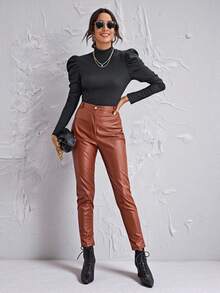 SHEIN Clasi Mock-Neck Gigot Sleeve Top Black Top - Grey - View 5