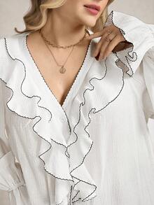 SHEIN LUNE Plus Size Women Contrast Color Ruffle Hem Long Sleeve Fashion Blouse White Top For New Year's Eve Spring Women Spring Breaks - White - View 9