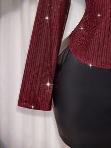 SHEIN ICON 大码深V领镂空系带蝴蝶结亮片上衣，性感酒红色亮片派对上衣 - 酒紅色 - 查看 7