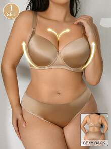 2 Pieces Set Women's Plus Size Comfortable Solid Shiny Smooth Fabric Wire-Supported Anti-Sagging Lift Instantlift Bra Lingerie Set - Champagne - View 1
