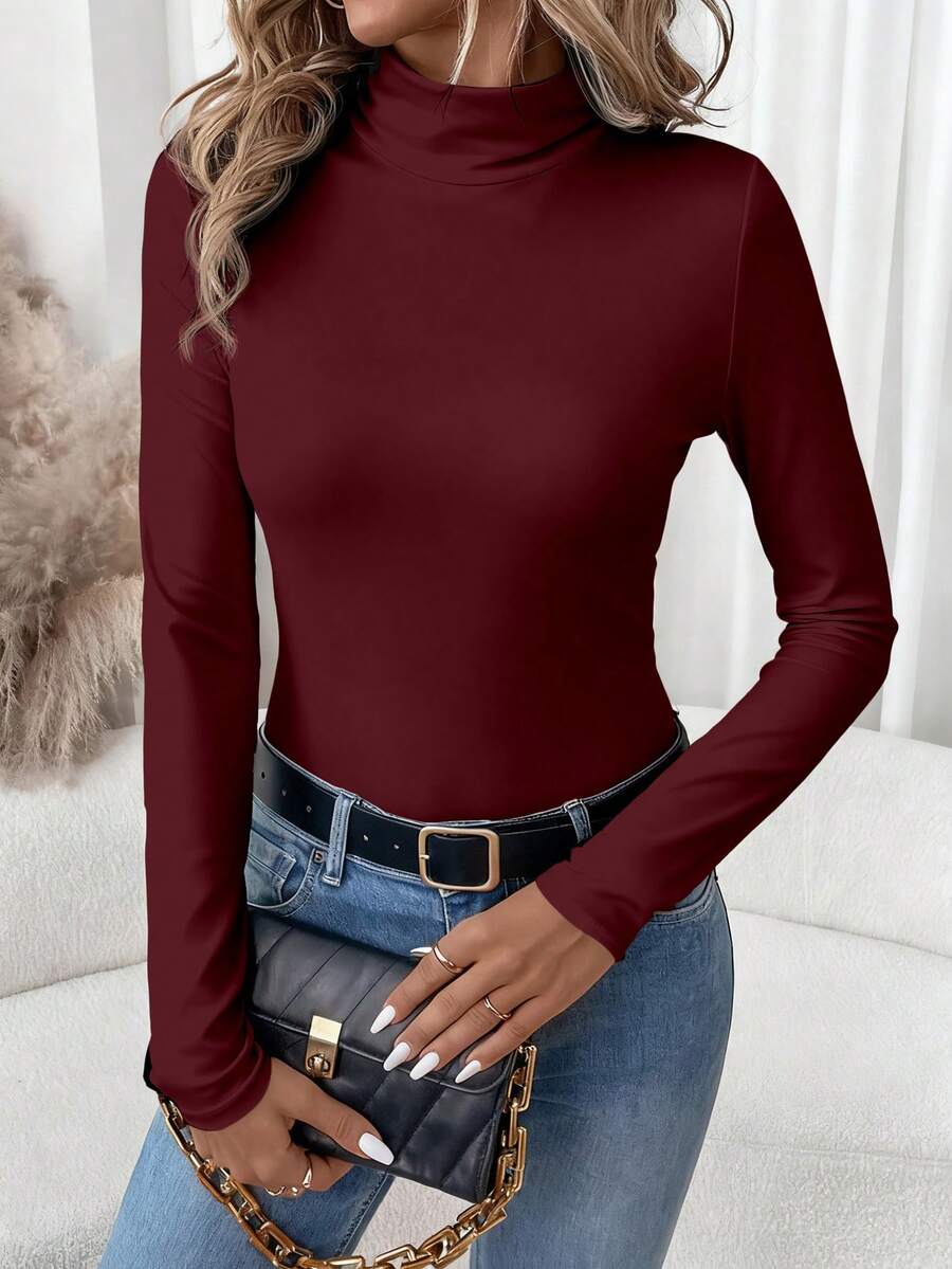 SHEIN LUNE 女士休闲高领长袖紧身打底T恤，适合秋冬季穿着 - 酒紅色 - 查看 1