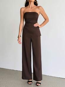 SHEIN Tall Women's Casual Sleeveless Top And Pants Suit Set, Summer In Fall/Winter Brown Two Piece Set Strapless Jumpsuit Brown Jumpsuit Dark Brown Top Chocolate Brown Top Brown Strapless Top Strapless Top And Pants Set Dark Brown Two Piece Set Chocolate Brown Outfit Wide Leg Brown Pants - Brown - View 8