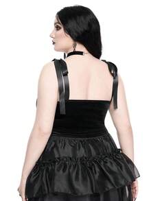ROMWE Plus Size Women Gothic Lolita Style Heart Embroidery Rhinestone Crystal Teardrop Star Decor Square Neck Lace-Up Camisole Crop Top - Black - View 6