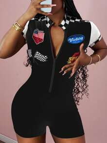 Slaydiva Women's Black Summer Grunge Everyday Plus Size Jumpsuit,Street Casual Rock Style Red & Black Contrast Motorcycle Graphic Zip Collar Short Sleeve - White - View 7