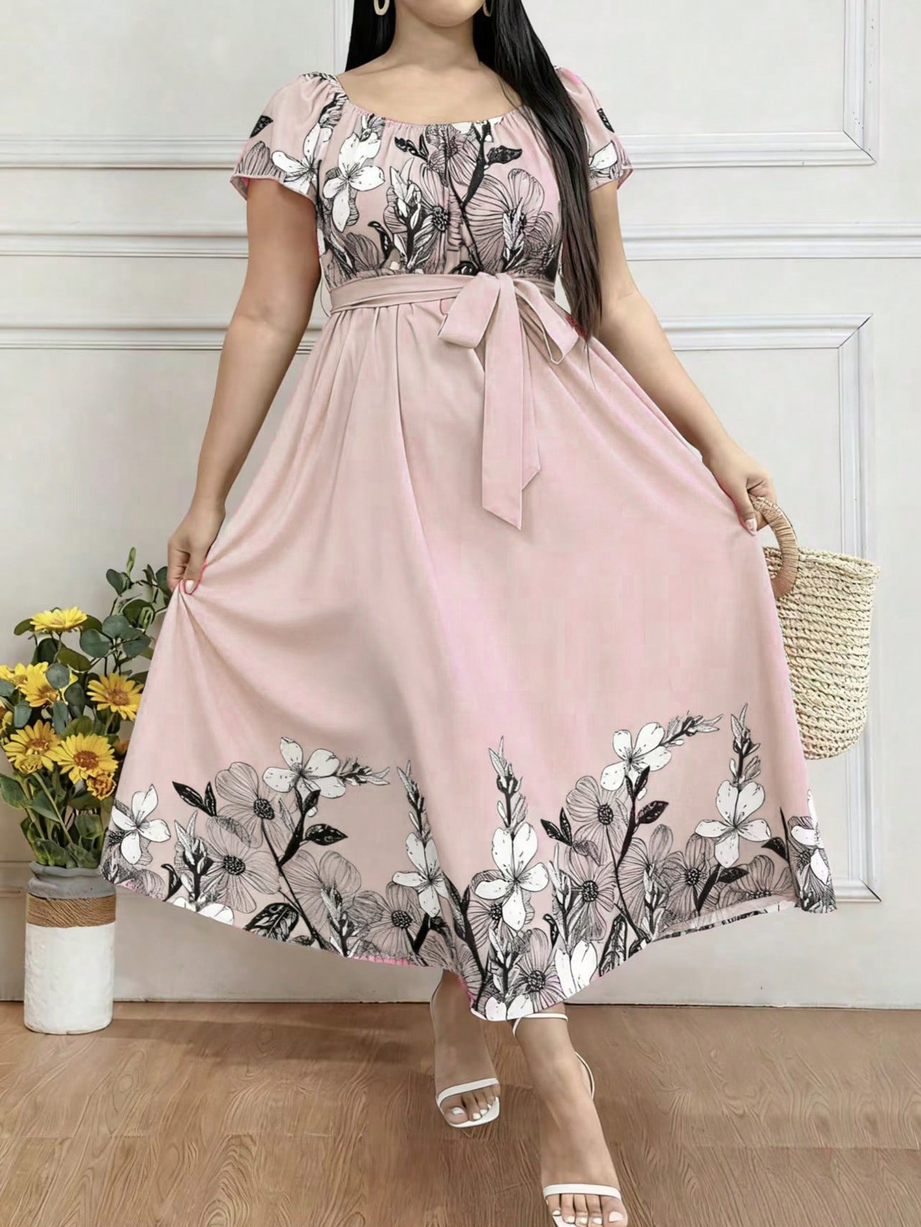 EMERY ROSE فستان طويل بأكمام قصيرة ربلان وطبعة زهو...