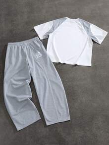 PAVTROS 男士圆领撞色字母印花短袖T恤和抽绳腰休闲裤套装 - 彩色 - 查看 4